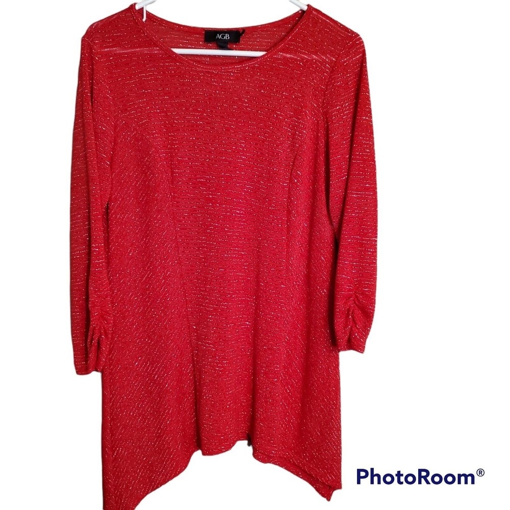 Woman's  Sz M Red Holiday Sparkly Sheer Top AGB